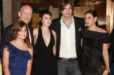 Ashton Kutcher, Demi Moore and Bruce Willis pose with their children Rumer and Tallulah at the premiere of 'Live Free Or Die Hard' presented by Twentieth Century Fox