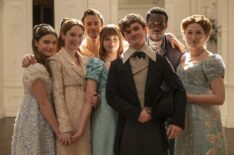 Florence Hunt as Hyacinth Bridgerton, Hannah Dodd as Francesca Bridgerton, Luke Thompson as Benedict Bridgerton, Claudia Jessie as Eloise Bridgerton, Will Tilston as Gregory Bridgerton, Victor Alli as Lord John Stirling, Ruth Gemmell as Lady Violet Bridgerton in 'Bridgerton' Season 4