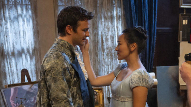 Luke Thompson as Benedict Bridgerton, Yerin Ha as Sophie Baek in Season 4 Episode 3