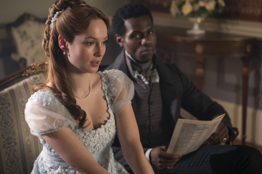 Hannah Dodd as Francesca Bridgerton, Victor Alli as John Stirling in episode 404 of Bridgerton