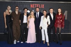 Mia Regan, Romeo Beckham, Cruz Beckham, Harper Beckham, David Beckham, Victoria Beckham, Brooklyn Peltz Beckham and Nicola Peltz Beckham attend the Netflix 'Beckham' UK Premiere at The Curzon Mayfair on October 03, 2023 in London, England