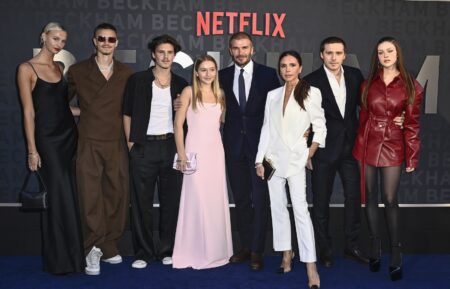 Mia Regan, Romeo Beckham, Cruz Beckham, Harper Beckham, David Beckham, Victoria Beckham, Brooklyn Peltz Beckham and Nicola Peltz Beckham attend the Netflix 'Beckham' UK Premiere at The Curzon Mayfair on October 03, 2023 in London, England