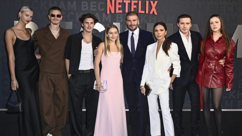 Mia Regan, Romeo Beckham, Cruz Beckham, Harper Beckham, David Beckham, Victoria Beckham, Brooklyn Peltz Beckham and Nicola Peltz Beckham attend the Netflix 'Beckham' UK Premiere at The Curzon Mayfair on October 03, 2023 in London, England