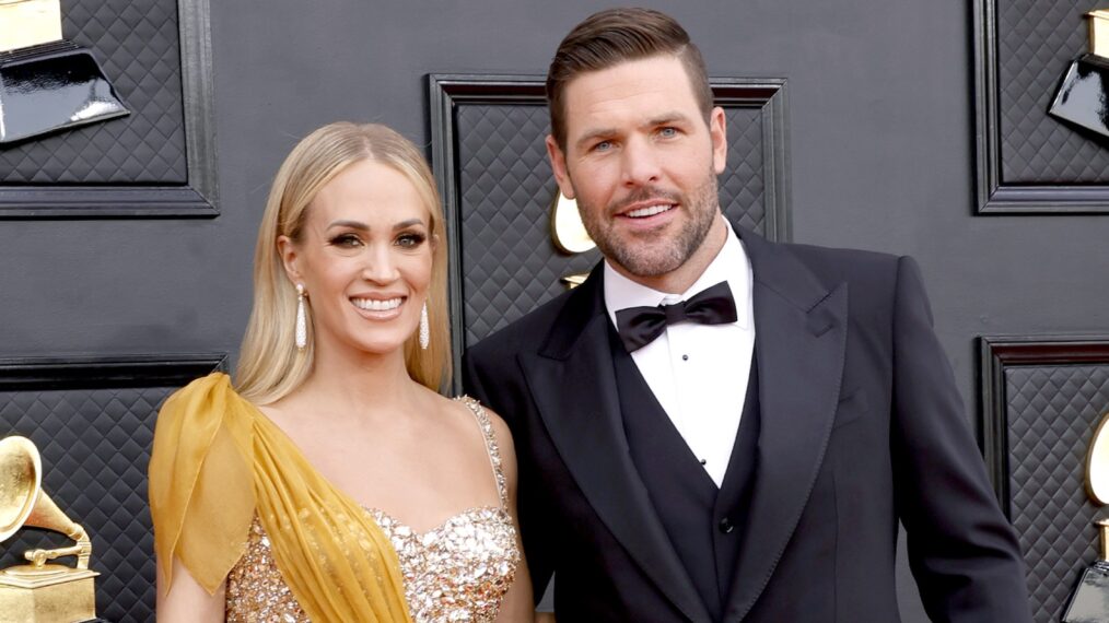 Carrie Underwood and Mike Fisher attend the 64th Annual GRAMMY Awards at MGM Grand Garden Arena on April 03, 2022 in Las Vegas, Nevada