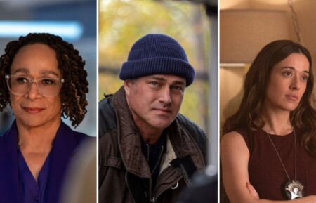 S. Epatha Merkerson as Sharon Goodwin in 'Chicago Med,' Taylor Kinney as Kelly Severide as 'Chicago Fire,' and Marina Squerciati as Officer Kim Burgess as 'Chicago P.D.'