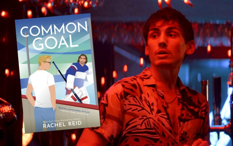 Matthew Finlan as Kyle in 'Heated Rivalry' Episode 3 next to Rachel Reid's Common Goal book cover