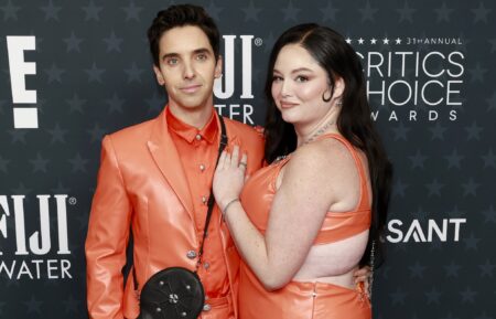 Paul W. Downs and Megan Stalter attend the 31st Annual Critics Choice Awards at Barker Hangar on January 04, 2026 in Santa Monica, California.