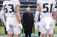 President Donald Trump participates in the coin toss before the 126th Army-Navy Game between the Army Black Knights and the Navy Midshipmen at M&T Bank Stadium on December 13, 2025, in Baltimore, Maryland