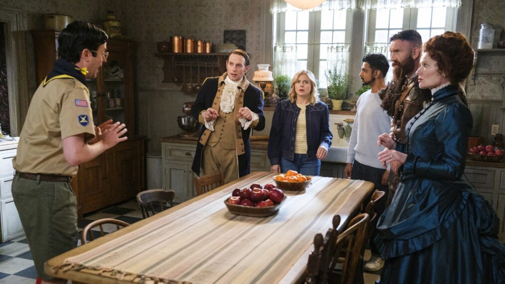 Richie Moriarty, Brandon Scott Jones, Rose McIver, Utkarsh Ambudkar, Devan Chandler Long, and Rebecca Wisocky in 'Ghosts' Season 5