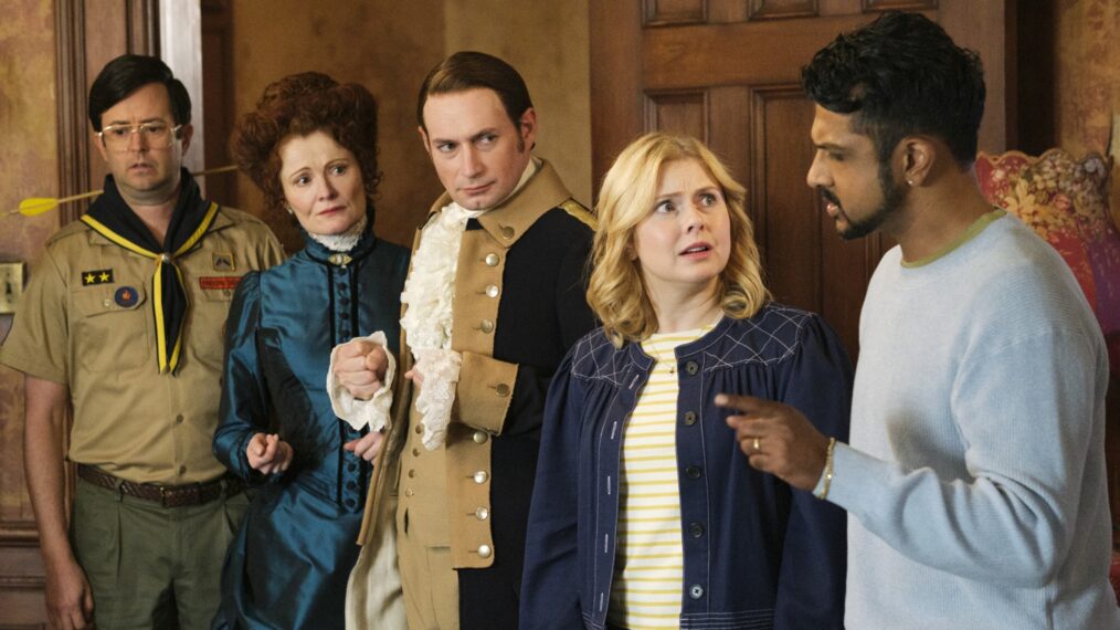 Richie Moriarty, Rebecca Wisocky, Brandon Scott Jones, Rose McIver, and Utkarsh Ambudkar in 'Ghosts' Season 5