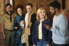 Richie Moriarty, Rebecca Wisocky, Brandon Scott Jones, Rose McIver, and Utkarsh Ambudkar in 'Ghosts' Season 5