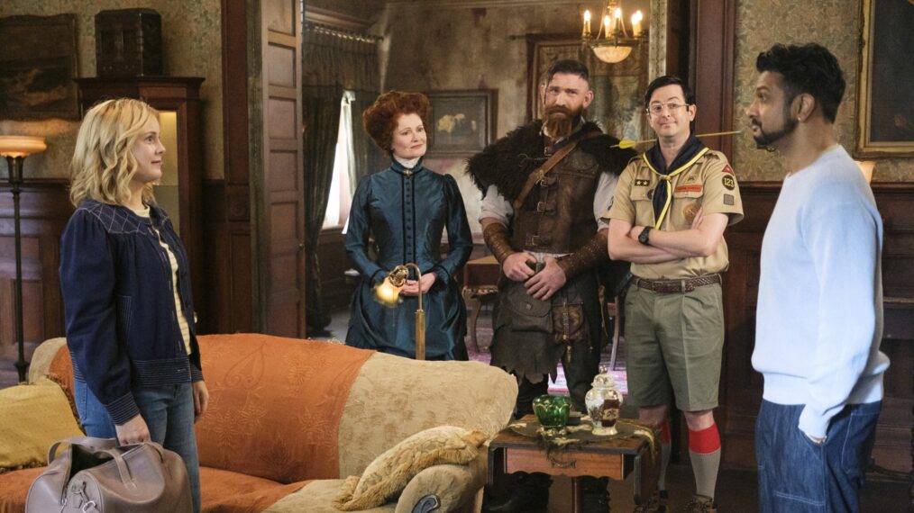 Rose McIver, Rebecca Wisocky, Devan Chandler Long, Richie Moriarty, and Utkarsh Ambudkar in 'Ghosts' Season 5