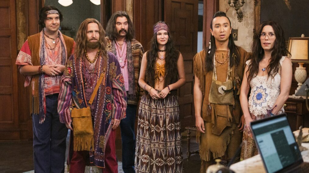 Will Greenberg, Roman Zaragoza, and Sheila Carrasco in 'Ghosts' Season 5