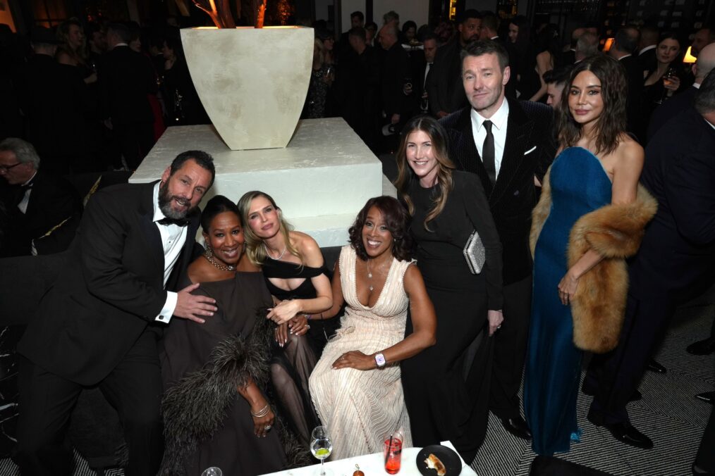 Adam Sandler, Nicole Avant, Sara Foster, Gayle King, Jackie Sandler, Joel Edgerton and Christine Centenera attend Netflix's Golden Globe afterparty 2026 at Spago on January 11, 2026 in Beverly Hills, California