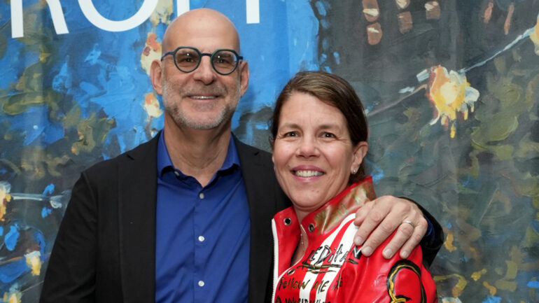 Harlan Coben and Anne Armstrong-Coben attend the Sonya Sklaroff's Secrets of New York Exhibition at The Algonquin Times Square, Autograph Collection at The Oak Room on May 04, 2023 in New York City
