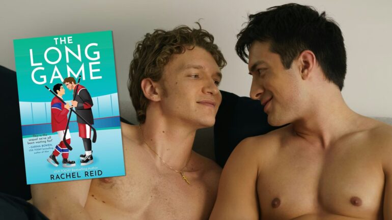 Shane and Ilya in 'Heated Rivalry' next to 'The Long Game' book cover