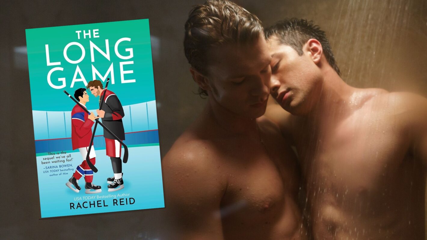 Connor Storrie and Hudson Williams as Shane and Ilya in 'Heated Rivalry' Season 1 next to the cover of Rachel Reid's book 'The Long Game'