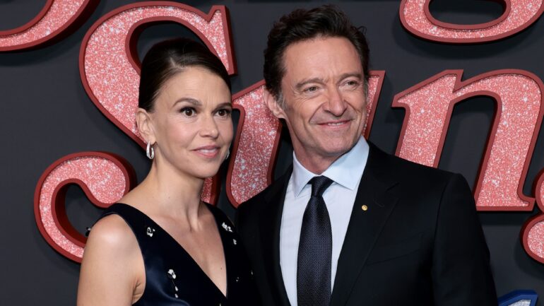 Sutton Foster and Hugh Jackman attend the "Song Sung Blue" New York Premiere at AMC Lincoln Square Theater on December 11, 2025 in New York City