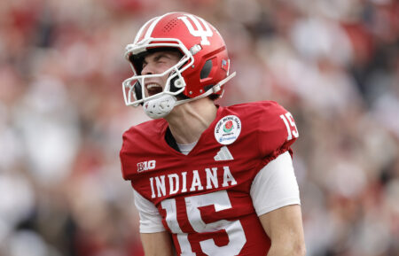 Fernando Mendoza #15 of the Indiana Hoosiers celebrates a touchdown during the second quarter against the Alabama Crimson Tide in the College Football Playoff Quarterfinal at Rose Bowl Stadium on January 01, 2026 in Pasadena, California.