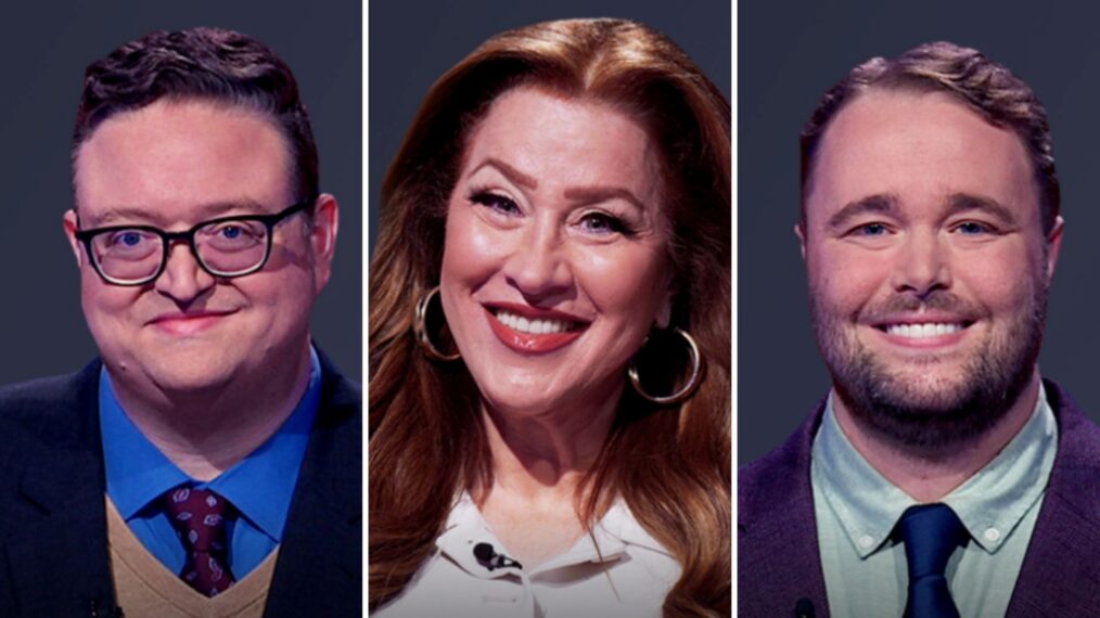 (from left) 'Jeopardy!' 2026 TOC quarterfinalists Mike Dawson, Lisa Ann Walter, and TJ Fisher, on January 26, 2026