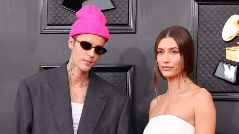 Justin Bieber and Hailey Bieber attend the 64th Annual GRAMMY Awards at MGM Grand Garden Arena on April 03, 2022 in Las Vegas, Nevada