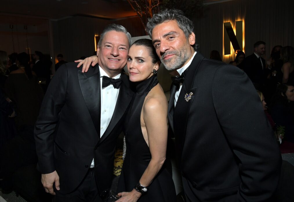 Co-CEO of Netflix Ted Sarandos, Keri Russell and Oscar Isaac attend Netflix's Golden Globe afterparty 2026 at Spago on January 11, 2026 in Beverly Hills, California