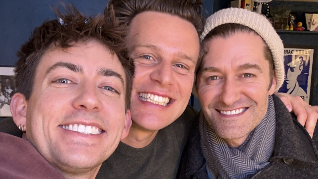 Kevin McHale, Jonathan Groff, and Matthew Morrison posing together backstage at Broadway's 'Just in Time'