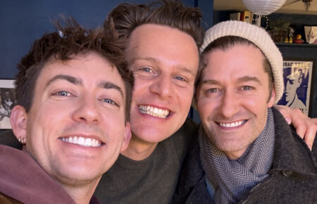 Kevin McHale, Jonathan Groff, and Matthew Morrison posing together backstage at Broadway's 'Just in Time'