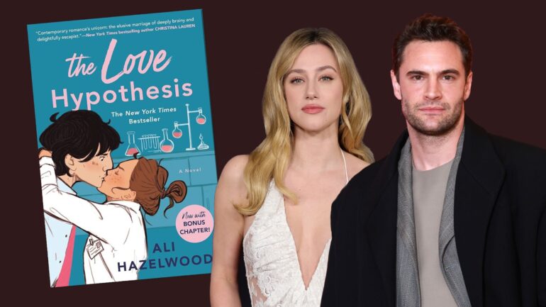 'The Love Hypothesis' cover next to Lili Reinhart and Tom Bateman