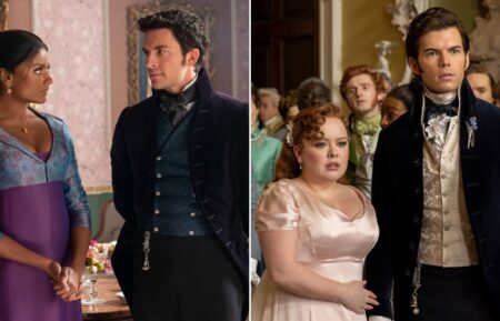 Simone Ashley as Kate Sharma, Jonathan Bailey as Anthony Bridgerton in episode 207 of Bridgerton; Nicola Coughlan as Penelope Featherington, Luke Newton as Colin Bridgerton in episode 307 of Bridgerton