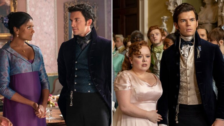 Simone Ashley as Kate Sharma, Jonathan Bailey as Anthony Bridgerton in episode 207 of Bridgerton; Nicola Coughlan as Penelope Featherington, Luke Newton as Colin Bridgerton in episode 307 of Bridgerton