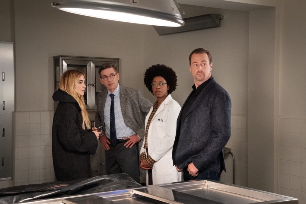 Emily Wickersham as Eleanor “Ellie” Bishop , Brian Dietzen as Jimmy Palmer, Diona Reasonover as Kasie Hines, andSean Murray as Special Agent Timothy McGee — 'NCIS' Season 23 Episode 10 