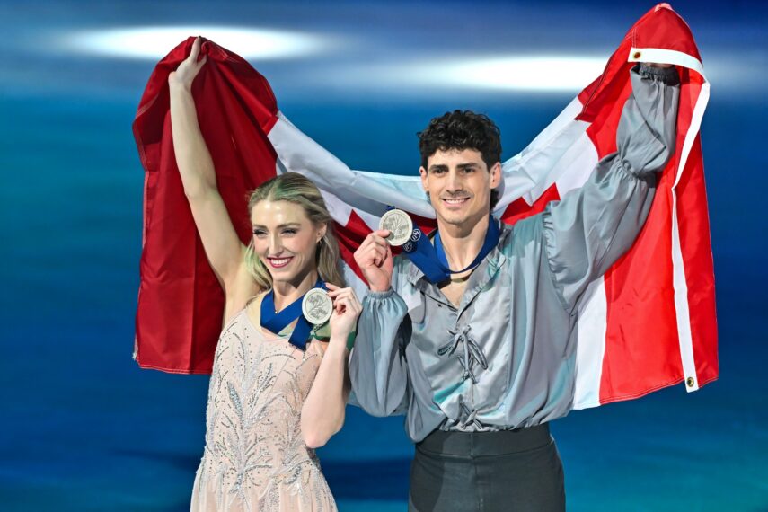 Piper Gilles and Paul Poirier of Canada pose with their silver medals after competing in the Ice Dance Free Dance during the ISU World Figure Skating Championships at the Bell Centre on March 23, 2024 in Montreal, Quebec, Canada.