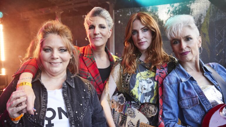 Joanna Scanlan as Beth Thornton, Tamsin Greig as Holly Gaskell, Rosalie Craig as Kitty Eckersley, and Amelia Bullmore as Yvonne Vaux — 'Riot Women'