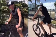Ryan Seacrest riding a bike with no seat
