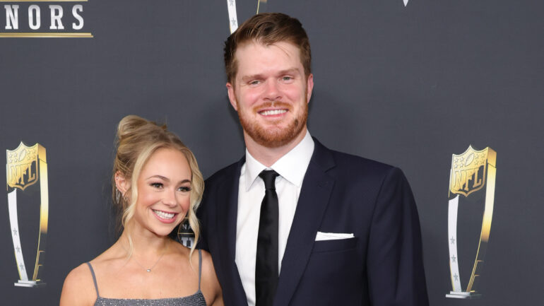 Katie Hoofnagle and Sam Darnold attend the 14th Annual NFL Honors at Saenger Theatre on February 06, 2025