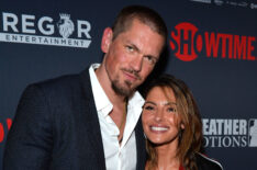 Actor Steve Howey (L) and Sarah Shahi attend the Showtime, WME IME and Mayweather Promotions VIP Pre-Fight party for Mayweather vs. McGregor at T-Mobile Arena
