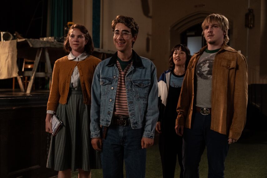 L-R: Jess Gabor as Janet Hamilton, Nick Pugliese as Charley, Ci Hang Ma as Quinn and Miles Elliot as Yuri in School Spirits, Season 3, streaming on Paramount+, 2026.