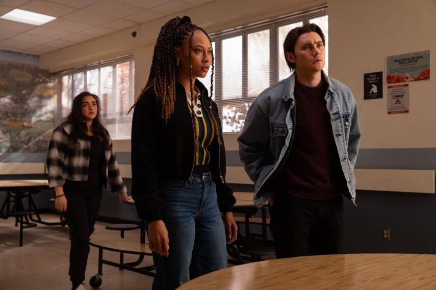 L-R: Kiara Pichardo as Nicole Herrera, Rainbow Wedell as Claire Zomer and Spencer Macpherson as Xavier Baxter in School Spirits, Season 3, streaming on Paramount+, 2026.
