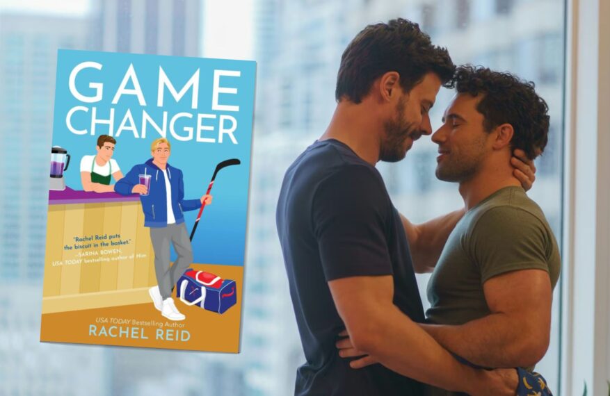 Francois Arnaud and Robbie GK as Scott and Kip in 'Heated Rivalry' Episode 3 next to Rachel Reid's 'Game Changer' book cover