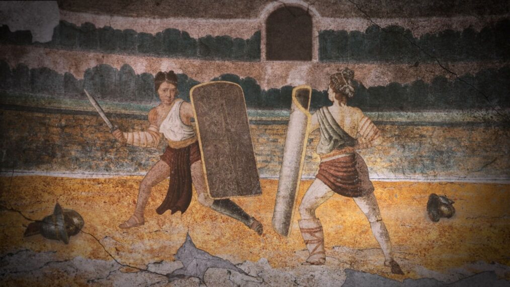 Graphic interpretation of a restored Halicarnassus relief, depicting the two characters from the chiselled stone piece in 'Secrets of the Dead' on PBS