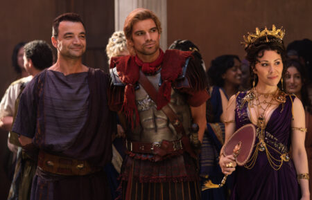 Nick E. Tarabay as Ashur, Jackson Gallagher as Julius Caesar, Jaime Slater as Cornelia in 'Spartacus: House of Ashur' Season 1 Episode 9