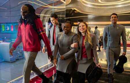 Karim Diané as Jay-Den Kraag, George Hawkins as Darem Reymi, Kerrice Brooks as Sam, Bella Shepard as Genesis Lythe and Sandro Rosta as Caleb Mir — 'Star Trek: Starfleet Academy' Season 1 Episode 5