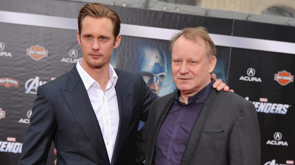 Actors Stellan Skarsgard (L) and Alexander Skarsgard arrive at the premiere of Marvel Studios' 'The Avengers' at the El Capitan Theatre on April 11, 2012 in Hollywood, California