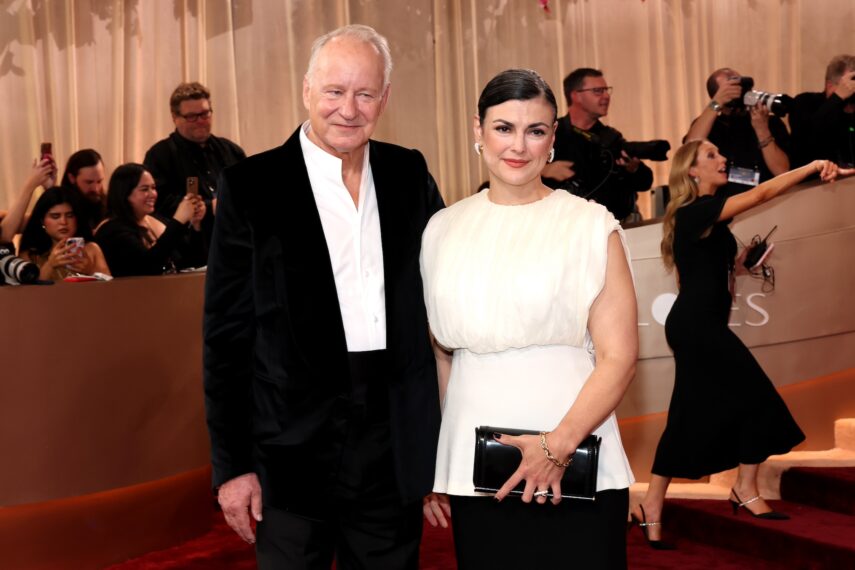 Stellan Skarsgård and Megan Everett-Skarsgård attend the 83rd Annual Golden Globe Awards at The Beverly Hilton on January 11, 2026 in Beverly Hills, California