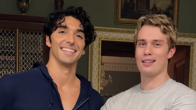 Taylor Zakhar Perez and Nicholas Galitzine on the 'Red, White & Royal Wedding' set