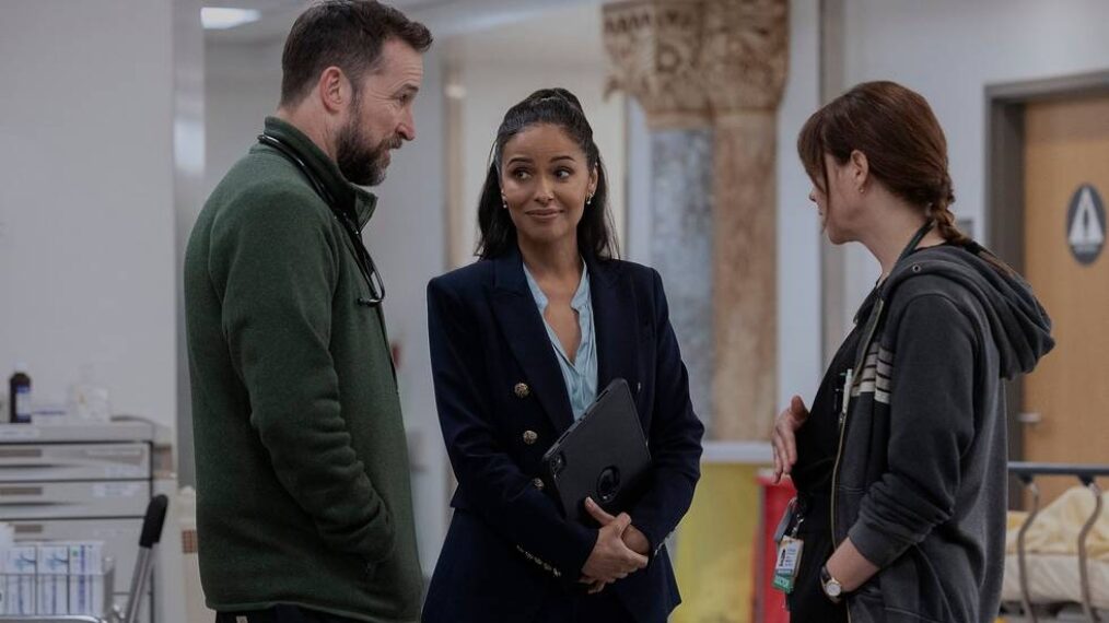 Noah Wyle as Robby, Meta Golding as Noelle, and Fiona Dourif as McKay — 'The Pitt' Season 2 Episode 2