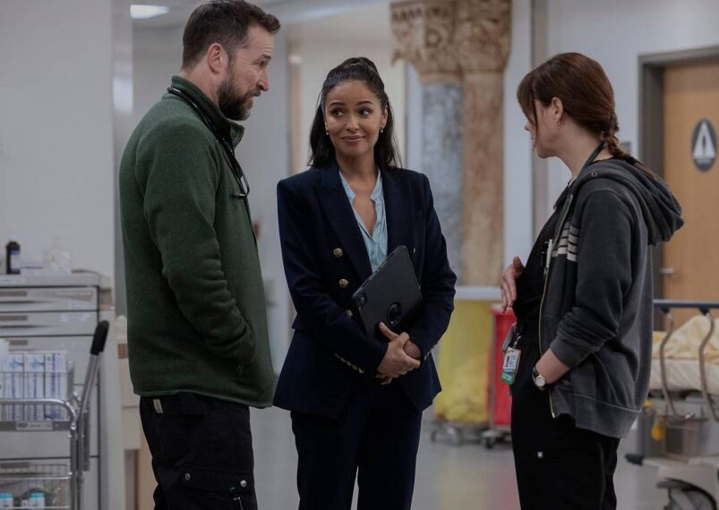 Noah Wyle as Robby, Meta Golding as Noelle, and Fiona Dourif as McKay — 'The Pitt' Season 2 Episode 2