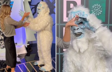 Maggie Sajak and a Yeti on the set of 