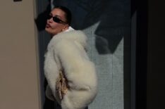 Hailey Bieber poses in a white coat ahead of the 2026 Super Bowl